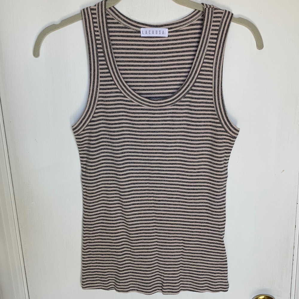 Cream and blue/gray striped tank